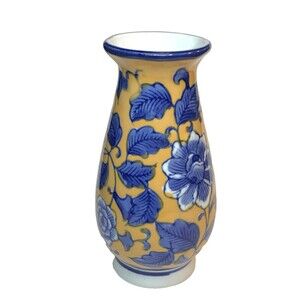 Yellow Porcelain Vase Blue Flowers Leaves Foliage Glazed